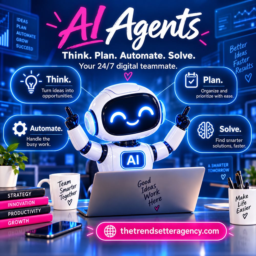 Illustration of an AI agent that can think, plan, automate, and solve — a digital teammate for repetitive business workflows