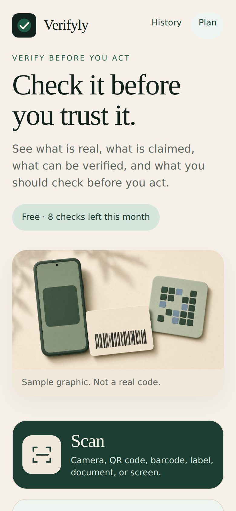 Home: scan, upload, check a link or message