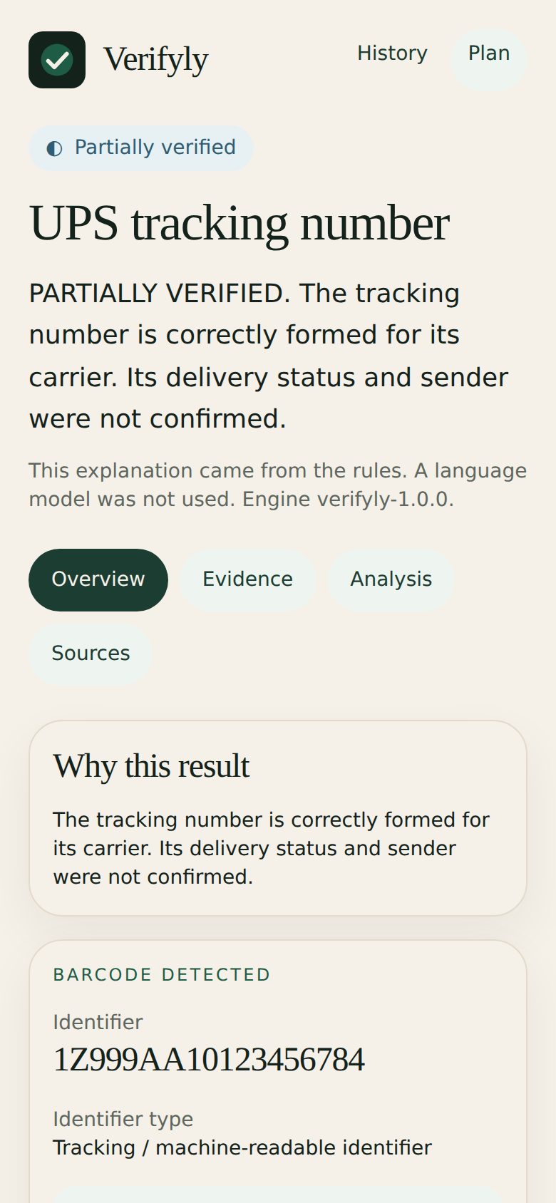 A UPS tracking number, with the carrier's own link